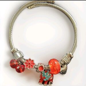 Enamel Crystal Elephant MultiCharm Adjustable Flex Bracelet Acrylic & Silvertone